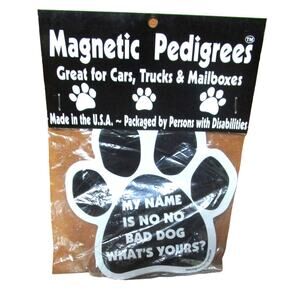 Magnetic Pedigrees “Bad Dog” Paw Magnet Black & White Pet Humor Vehicle App